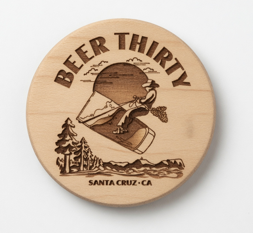 Beer Thirty 12th Anniversary engraved wood coaster, part of the merch drop